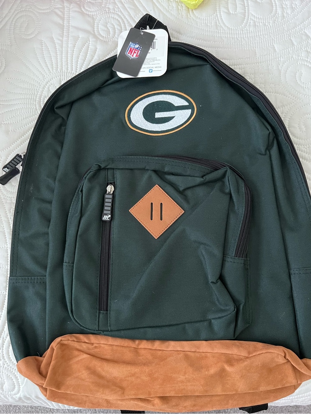 NWT Green Bay Packers Logo Backpack with Brown Suede Base